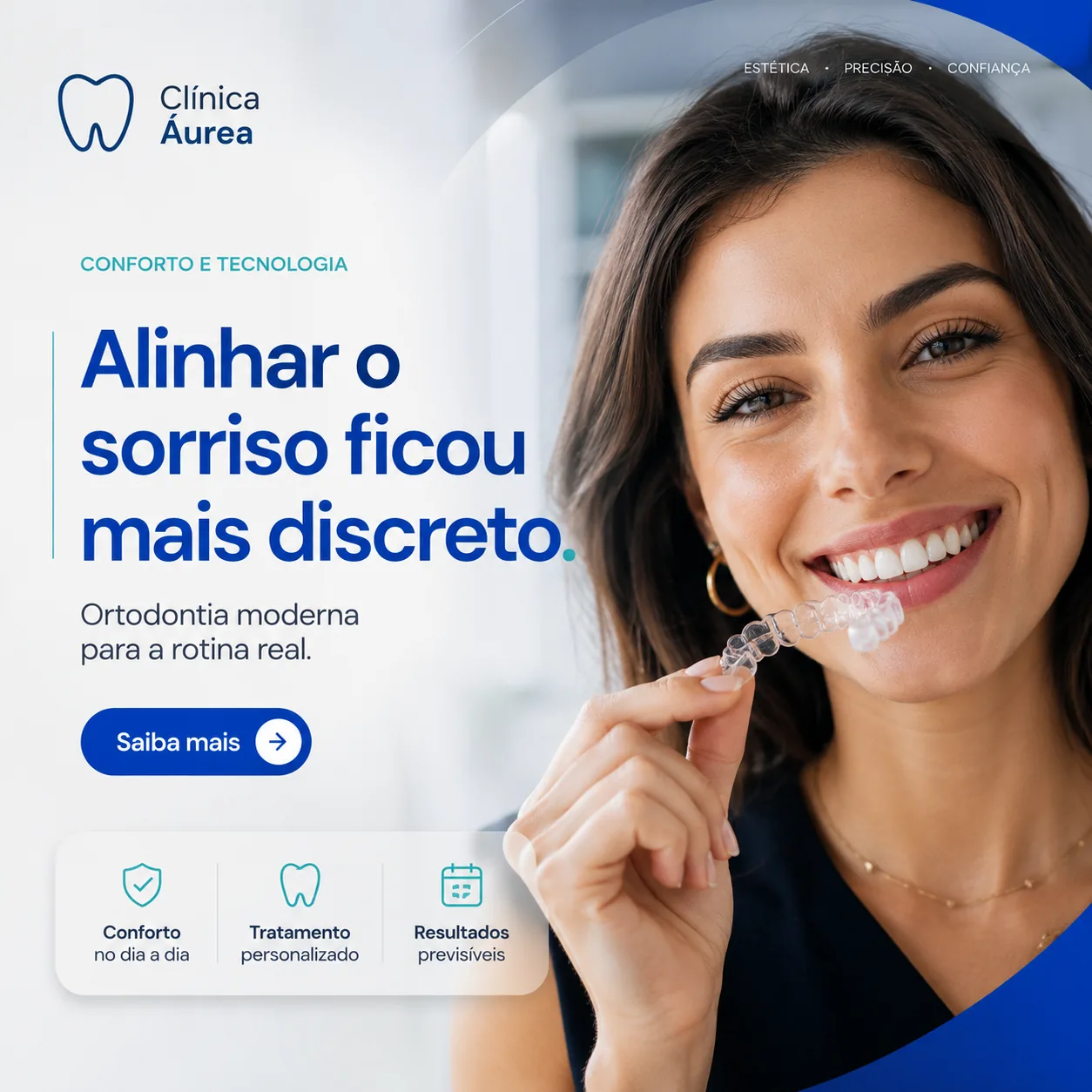 Post odontológico sobre alinhador transparente e sorriso discreto